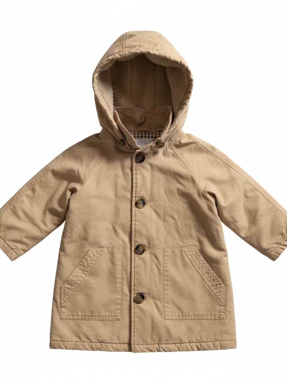 Zara Kids Tan Hooded Pea Coat with Sherpa Lining
